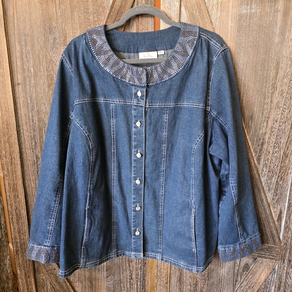 Quaker Factory Jacket Women's Size 2X Blue Denim‎ Button Up Rhinestones Jewels
